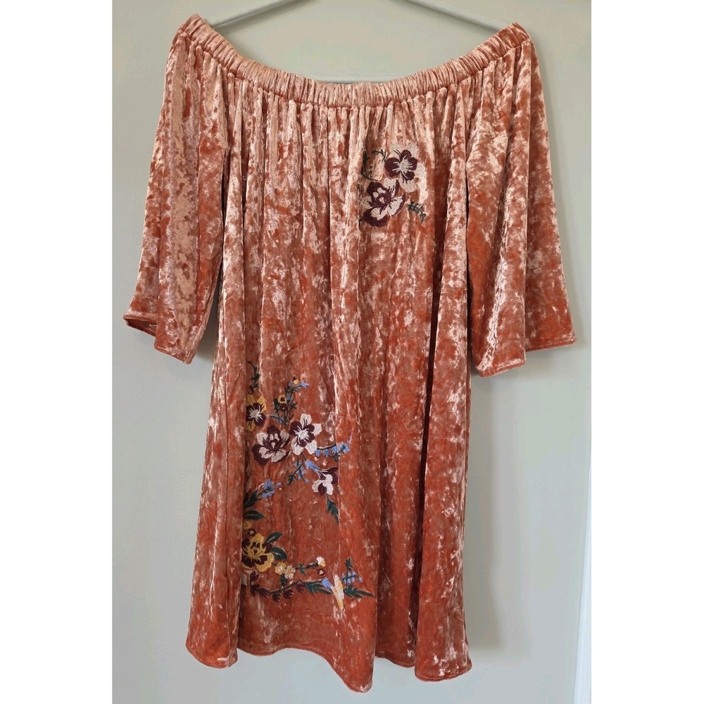Blu Pepper Coral Velvet Embroidered Mini Dress Boho Off Shoulder BA7587 Large